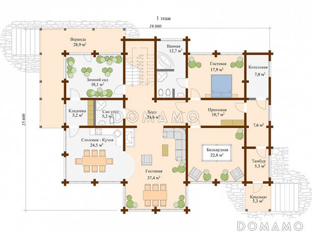 Проект дома из клееного бруса с зимним садом / План 1 этажа Проект дома из клееного бруса с зимним садом / План 1 этажа