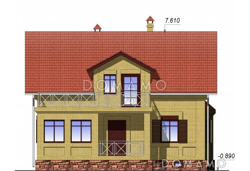Проект одноэтажного дома с мансардным и цокольным этажами, с эркером / Фасад 1