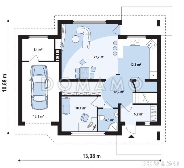 Проект одноэтажного мансардного дома из газобетона с кабинетом, тремя спальнями и гаражом / План 1 этажа