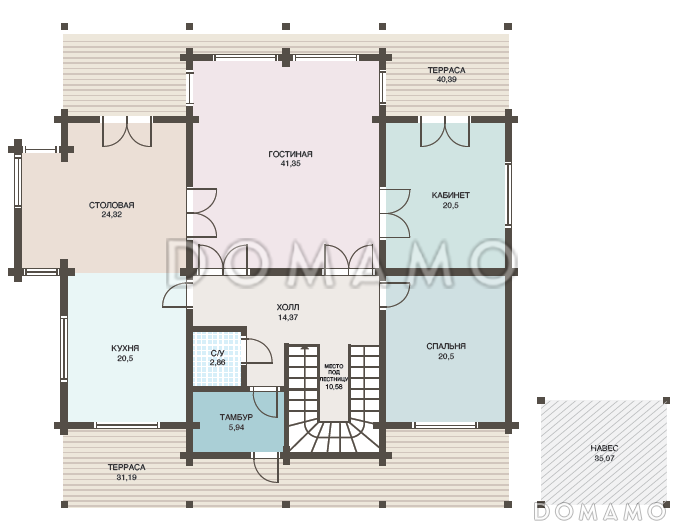 Проект дома из клееного бруса с навесом для авто / План 1 этажа