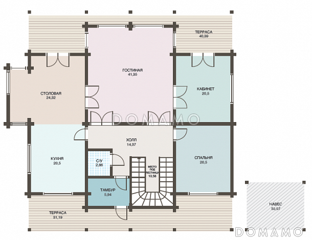Проект дома из клееного бруса с навесом для авто / План 1 этажа Проект дома из клееного бруса с навесом для авто / План 1 этажа