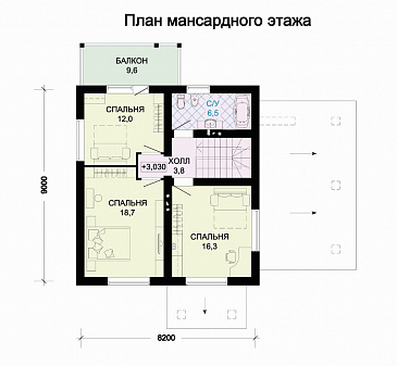 Проект дома из газобетона с навесом для автомобиля / План мансардного этажа Проект дома из газобетона с навесом для автомобиля / План мансардного этажа