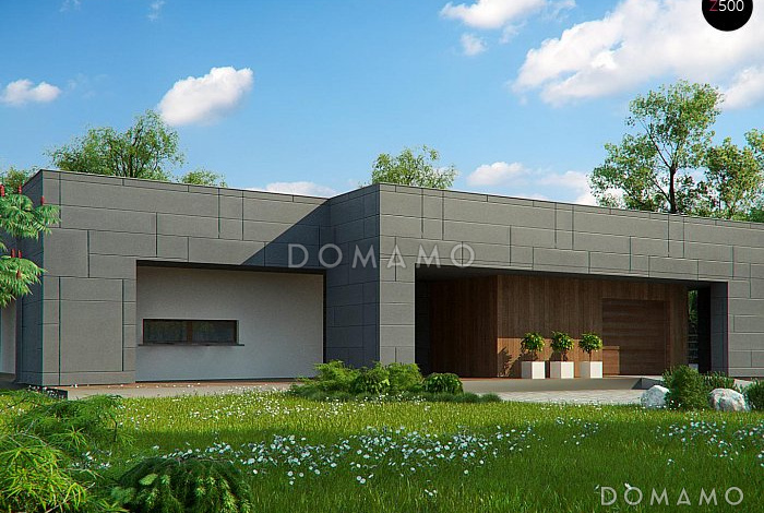 Проект современного одноэтажного дома из газобетона с тремя спальнями, гаражом и внутренним двориком Проект современного одноэтажного дома из газобетона с тремя спальнями, гаражом и внутренним двориком