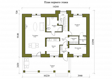 Проект двухэтажного дома с просторной гостиной, террасой и комнатой для отдыха / План 1 этажа