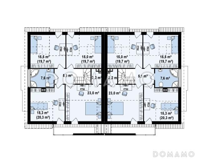 Проект современных мансардных домов-близнецов из кирпича с гаражом, слуховым окном и балконом / План мансардного этажа