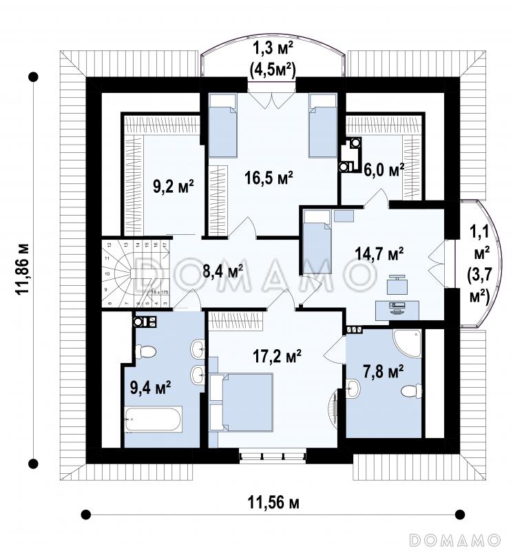 Проект уютного дома с цокольным этажом, камином на террасе, просторной гостиной, кладовой в кухне / План мансардного этажа