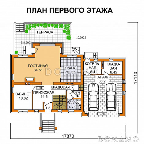 Проект дома с эркером в гостиной и гаражом для двух машин / План 1 этажа Проект дома с эркером в гостиной и гаражом для двух машин / План 1 этажа