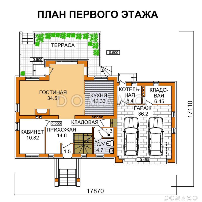 Проект дома с эркером в гостиной и гаражом для двух машин / План 1 этажа