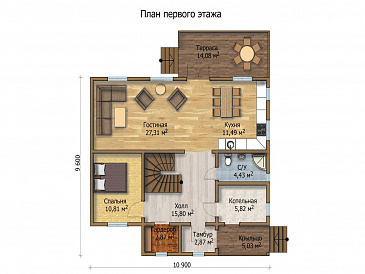 Проект дома с небольшой террасой и гостиной, которая объединена с кухней / План 1 этажа Проект дома с небольшой террасой и гостиной, которая объединена с кухней / План 1 этажа