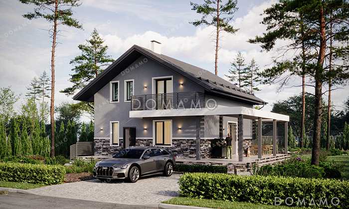 Проект дома с мастер-спальней, крытой и открытой террасами и балконом