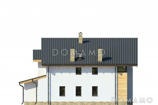 Проект дома с косой крышей, спальнями на первом этаже, верандой, террасой, сауной на мансардном этаже, вторым светом, балконом / Фасад 3