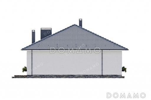 Проект квадратного одноэтажного дома с отделкой декоративной штукатуркой, террасой под общей вальмовой крышей и большой совмещенной кухней-гостиной / Фасад 1