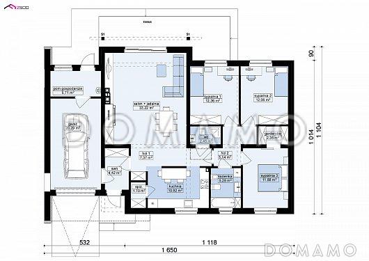 Проект одноэтажного дома из газобетона с гаражом и отделённой спальной зоной / План 1 этажа