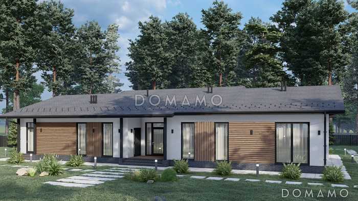 Проект большого одноэтажного дома с шестью спальнями, большой гостиной и террасой S-237