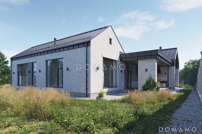 Проект кирпичного дома с масштабным остеклением, двумя жилыми зонами, соединенными гостиной-столовой Проект кирпичного дома с масштабным остеклением, двумя жилыми зонами, соединенными гостиной-столовой