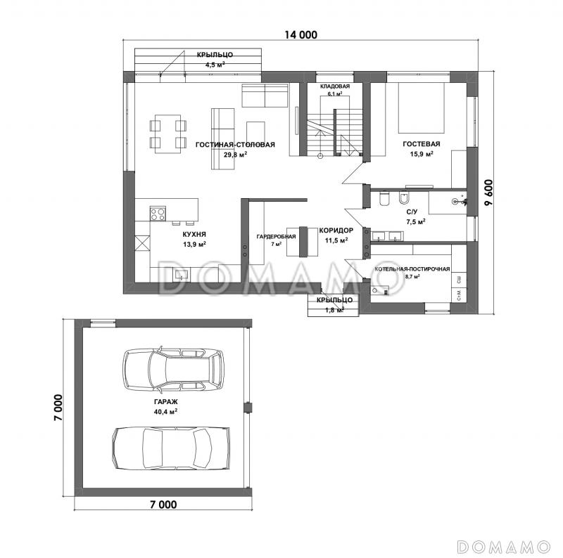 Проект двухэтажного дома с большими спальнями, гостевой комнатой и просторной гостиной / План 1 этажа