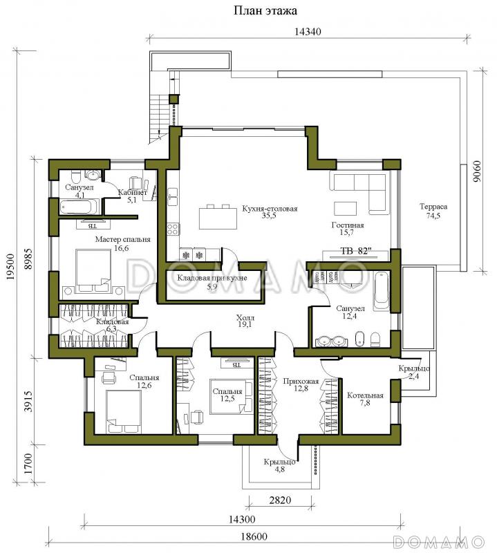 Проект одноэтажного просторного дома в стиле хай-тек с эксплуатируемой кровлей и просторной террасой / План 1 этажа