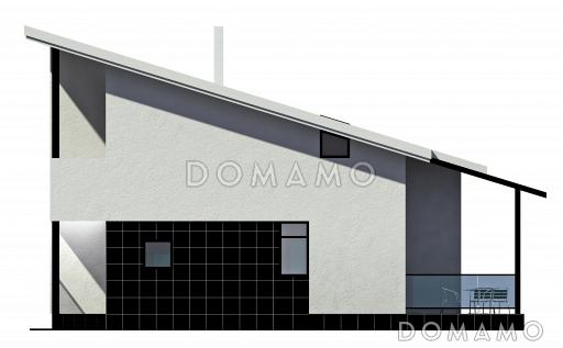 Загородный дом с односкатной крышей, круглым окном, крытой террасой и вторым светом  / Фасад 1