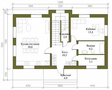 Проект компактного двухэтажного коттеджа из СИП панелей с пятью спальнями / План 1 этажа Проект компактного двухэтажного коттеджа из СИП панелей с пятью спальнями / План 1 этажа