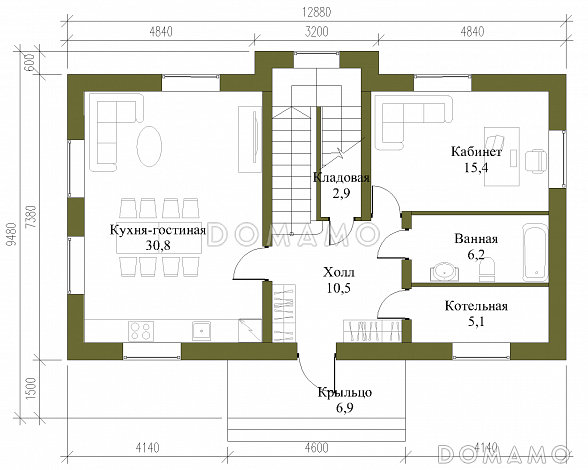 Проект компактного двухэтажного коттеджа из СИП панелей с пятью спальнями / План 1 этажа Проект компактного двухэтажного коттеджа из СИП панелей с пятью спальнями / План 1 этажа