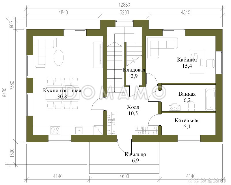 Проект компактного двухэтажного коттеджа из СИП панелей с пятью спальнями / План 1 этажа