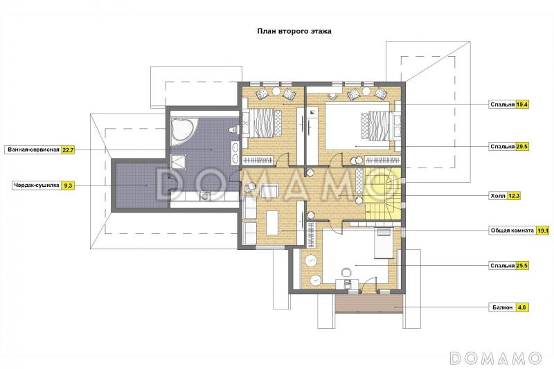 Проект дома из газобетона с панорамным остеклением на веранде, гаражом и навесом для авто / План 2 этажа