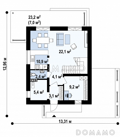 Проект двухэтажного загородного дома с кабинетом, зоной кухни с окном, гостиной с выходом на крытую террасу / План 1 этажа Проект двухэтажного загородного дома с кабинетом, зоной кухни с окном, гостиной с выходом на крытую террасу / План 1 этажа