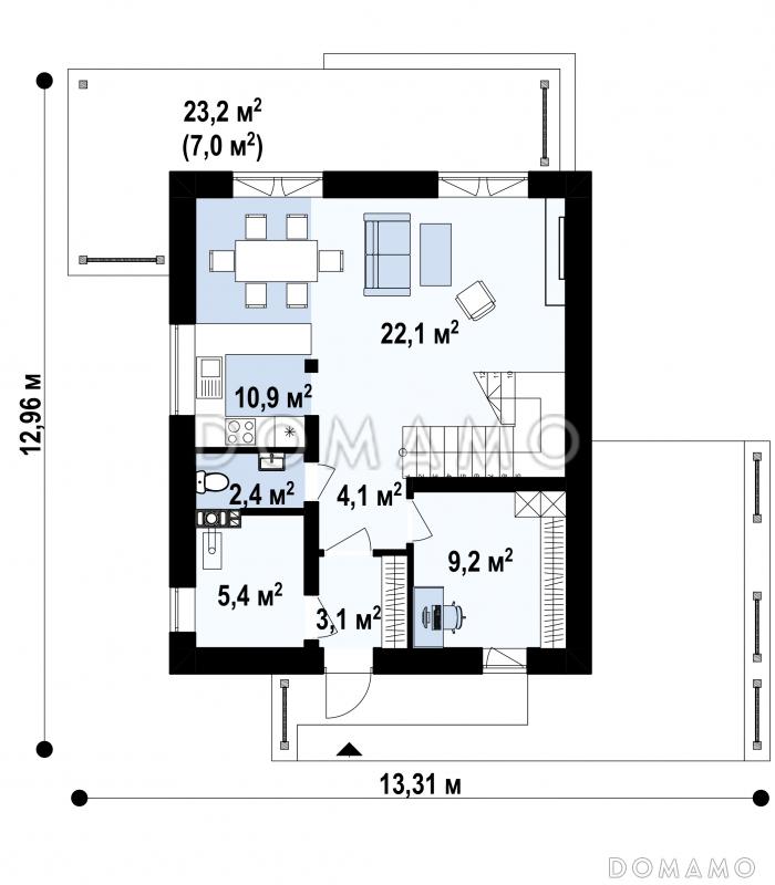 Проект двухэтажного загородного дома с кабинетом, зоной кухни с окном, гостиной с выходом на крытую террасу / План 1 этажа