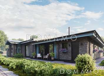 Проект кирпичного дома Г-образной формы с закрытой террасой, 3 кладовками, 3 спальнями и парной