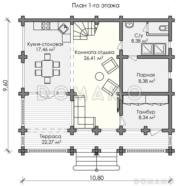 Проект дома из оцилиндрованного бревна до 200 кв.м / План 1 этажа