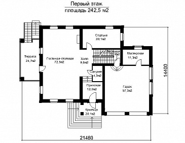 Проект двухэтажного загородного дома с высоким крыльцом / План 1 этажа Проект двухэтажного загородного дома с высоким крыльцом / План 1 этажа