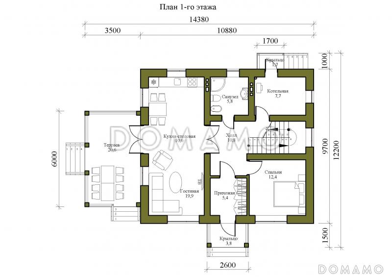 Проект двухэтажного дома с тремя спальнями на втором этаже и одной на первом этаже / План 1 этажа