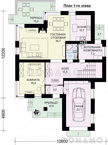 Проект загородного дома из СИП панелей с четырьмя спальными комнатами и гаражом для одного автомобиля / План 1 этажа