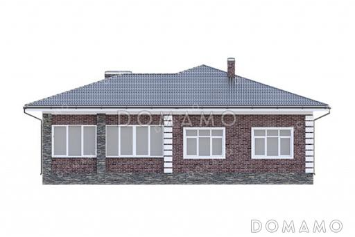 Проект одноэтажного дома с большим тамбуром, тремя комнатами, верандой и террасой / Фасад 1