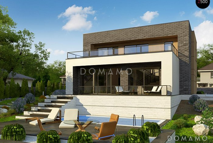 Проект современного двухэтажного дома из кирпича с плоской крышей, с четырьмя комнатами, гаражом и террасами на двух уровнях Проект современного двухэтажного дома из кирпича с плоской крышей, с четырьмя комнатами, гаражом и террасами на двух уровнях