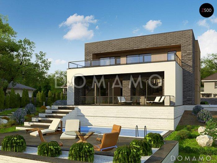 Проект современного двухэтажного дома из кирпича с плоской крышей, с четырьмя комнатами, гаражом и террасами на двух уровнях / 3