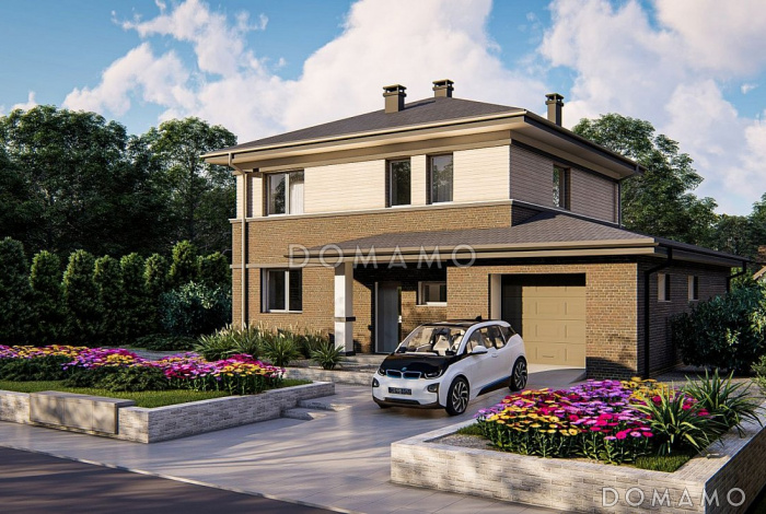 Проект двухэтажного дома из газобетона с гаражом, кабинетом, террасой