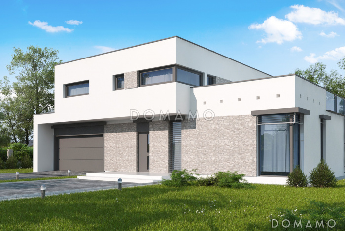 Проект современного двухэтажного дома из кирпича в стиле модерн, с террасой на втором уровне, с двухместным гаражом Проект современного двухэтажного дома из кирпича в стиле модерн, с террасой на втором уровне, с двухместным гаражом