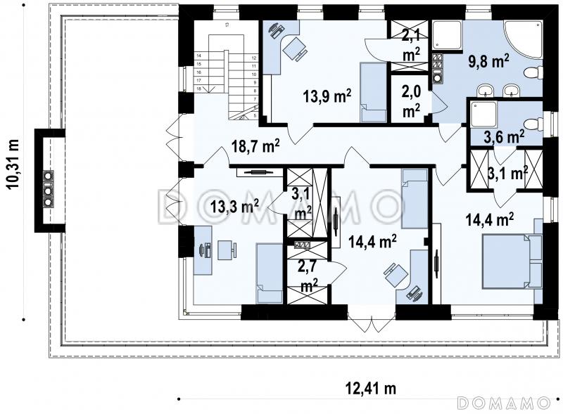 Проект современного двухэтажного дома из газобетона с плоской крышей,  с четырьмя спальнями, просторным кабинетом и гаражом  / План 2 этажа
