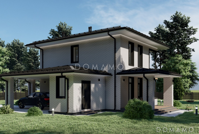 Проект эффективного двухэтажного дома с навесом для авто S-121