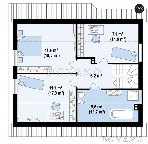 Проект одноэтажного мансардного дома из газобетона с тремя спальнями, кабинетом и эркером в гостиной / План мансардного этажа