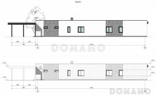 Проект одноэтажного дома с мастер-спальней, двумя детскими, гаражом, навесом и верандой / Фасад 4