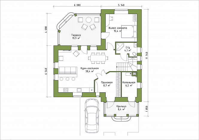 Проект углового коттеджа / План 1 этажа