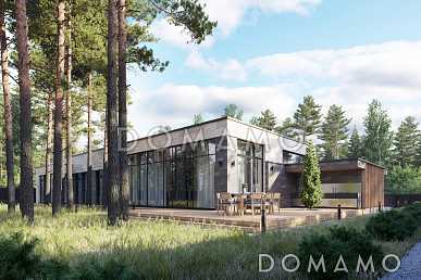 Проект современного каркасного дома с длинной террасой, навесом для автомобиля и тремя спальнями