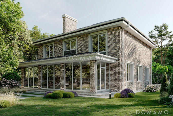 Проект двухэтажного дома с застекленной террасой и 5 спальнями