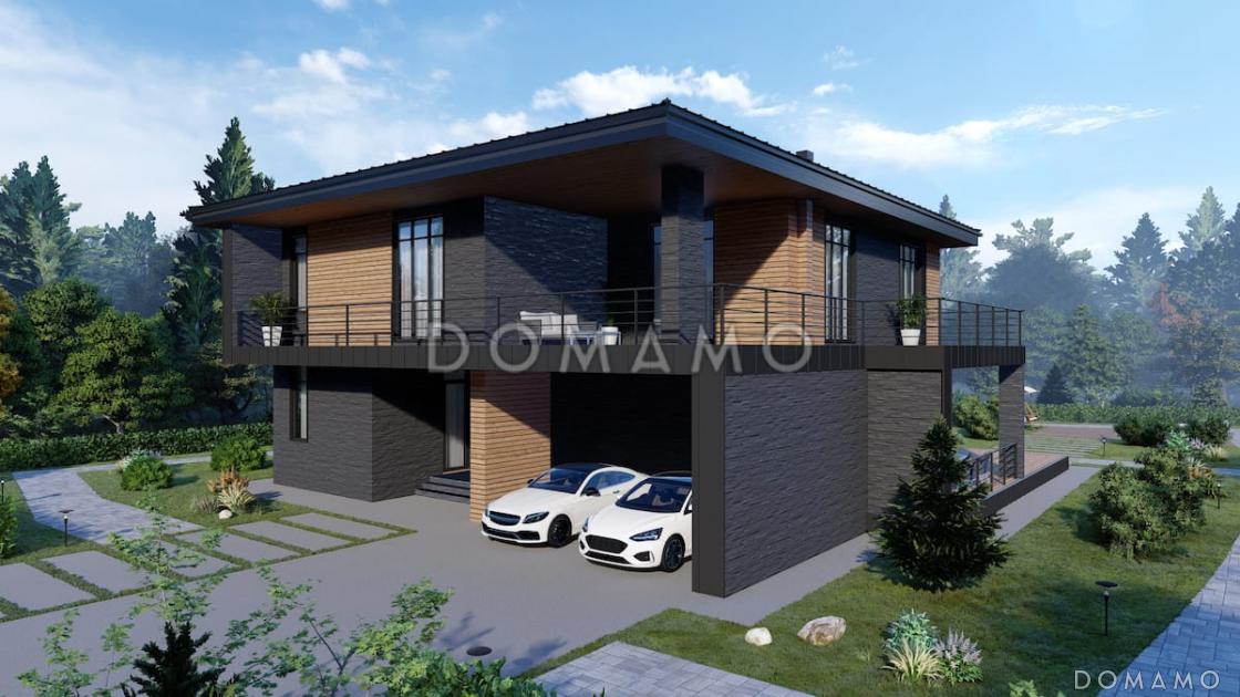 Проект дома в стиле хай-тек с 3 спальнями, большой гостиной, сауной и двухместным автонавесом / 1