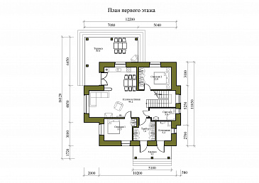 Проект двухэтажного дома из кирпича с двумя каминами на большой террасе и в гостиной / План 1 этажа Проект двухэтажного дома из кирпича с двумя каминами на большой террасе и в гостиной / План 1 этажа