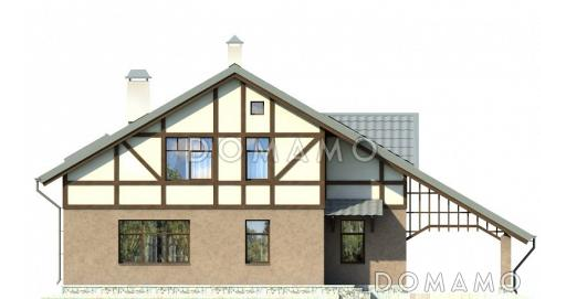 Проект дома из панелей SIP в стиле фахверк с двусветной гостиной и навесом для машины / Фасад 2