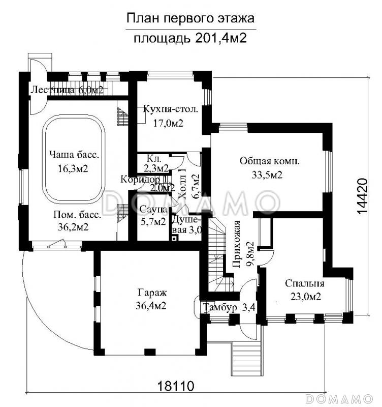 Проект загородного дома с бассейном и гаражом на 2 машины  / План 1 этажа