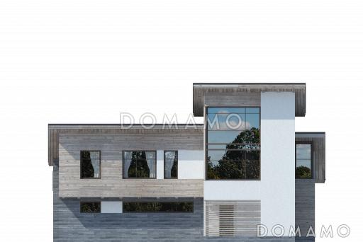 Проект дома с косой крышей, террасой, вытянутой прямоугольной кухней, просторной совмещенной гостиной столовой, спальней на первом этаже, вторым светом, игровой, кабинетом под крышей / Фасад 1